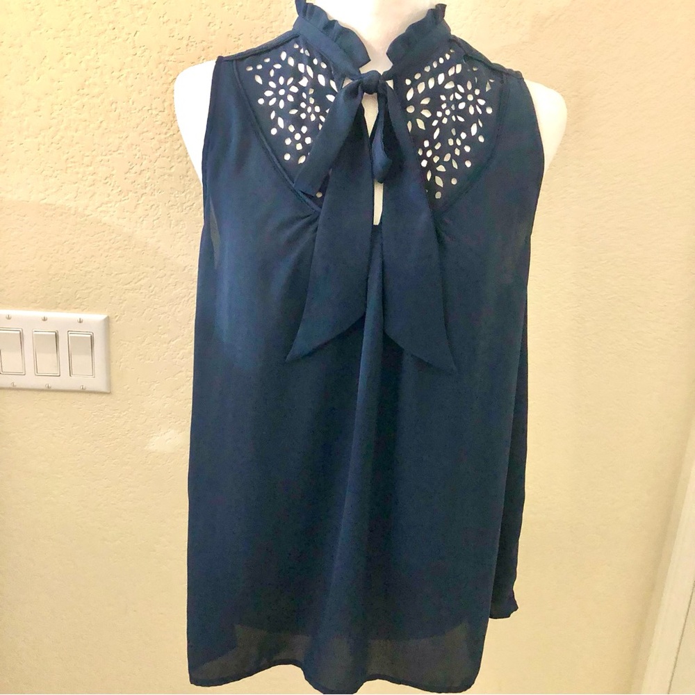Maeve Navy Sleeveless Blouse with Bow and Cut-Outs